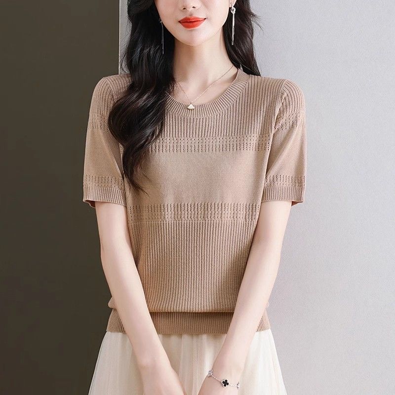 Summer Ice Silk Knitted Shirt Hollow Out Loose Top Temperament Short Sleeve T-shirt for Women
