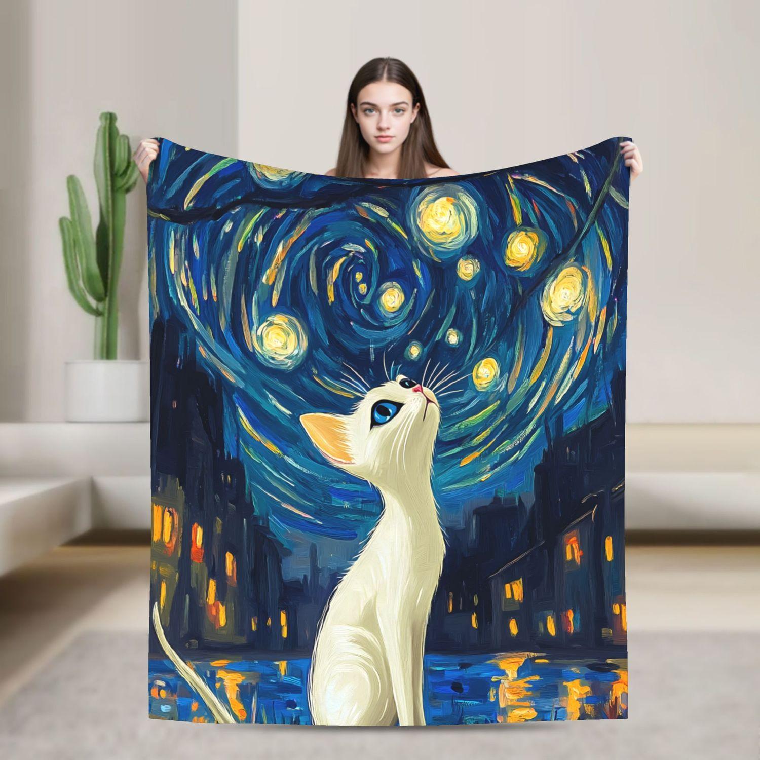 Плед «Кошачья звездная ночь» - Мягкий, теплый, уютный плед для любителей кошек, дивана 70x100cm