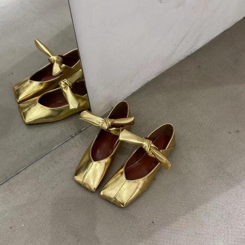 Eckige Zehenpartie Schnürung Glänzend Mary Jane Ballerinas Stilvoll Französisch Flach Silber Neu Frühling und Herbst Flach Ein Riemen Damen Schuhe