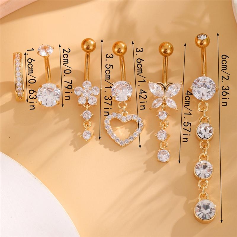 Set 6 Stainless Steel Gold-Plated Heart-Shaped Butterfly Navel Rings Cubic Zirconia 14G Bar Belly Button Piercing Rings Weddings