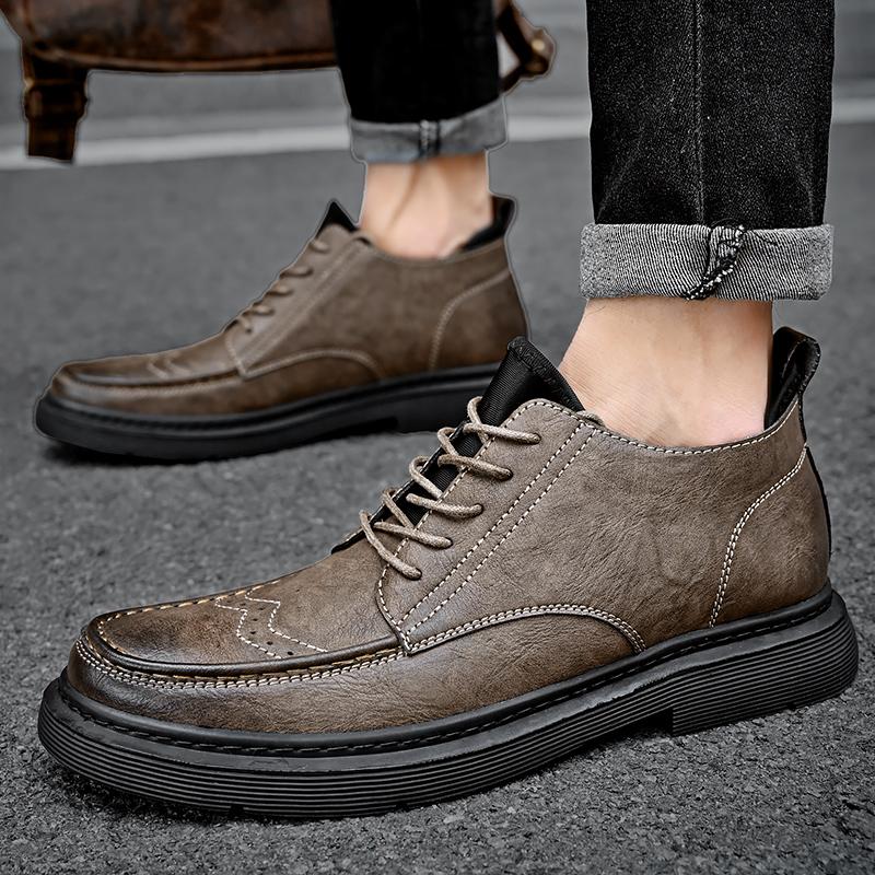 Classic Autumn Winter Casual Leather Men Boots Brogue Lace Up Anti Slip Soles Daily Outdoor Walking Shoes For Man