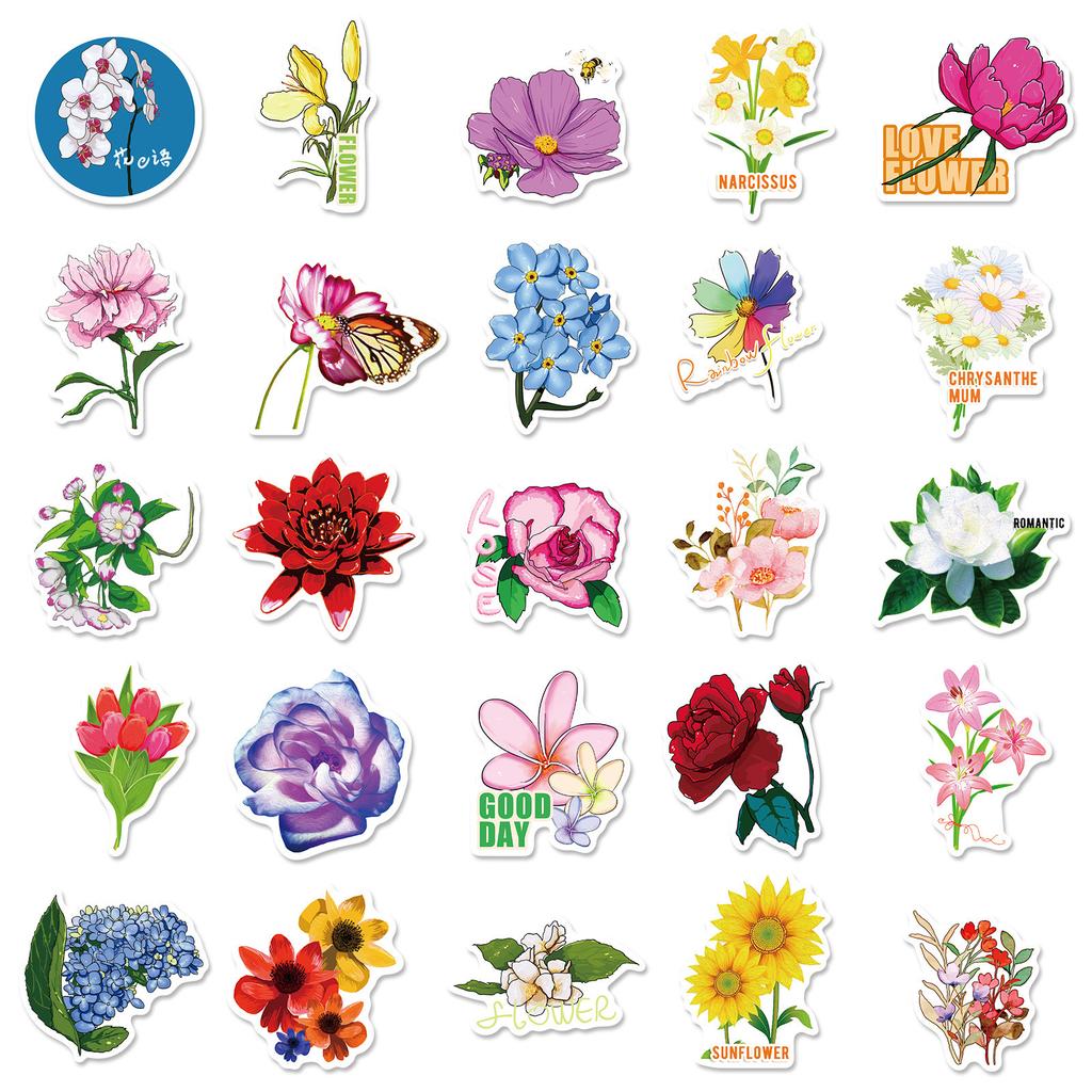 50 Flowers Series Stickers Literary Fresh Plant Flowers Graffiti Stickers Hand Account Diary Suitcase