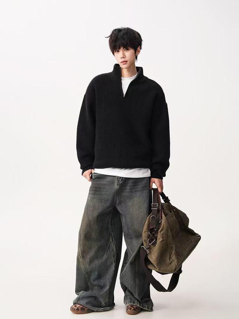Men's Loose Knit Half-Zip Sweater - Solid Color, Stand-Up Collar, Cozy Autumn/Winter Pullover