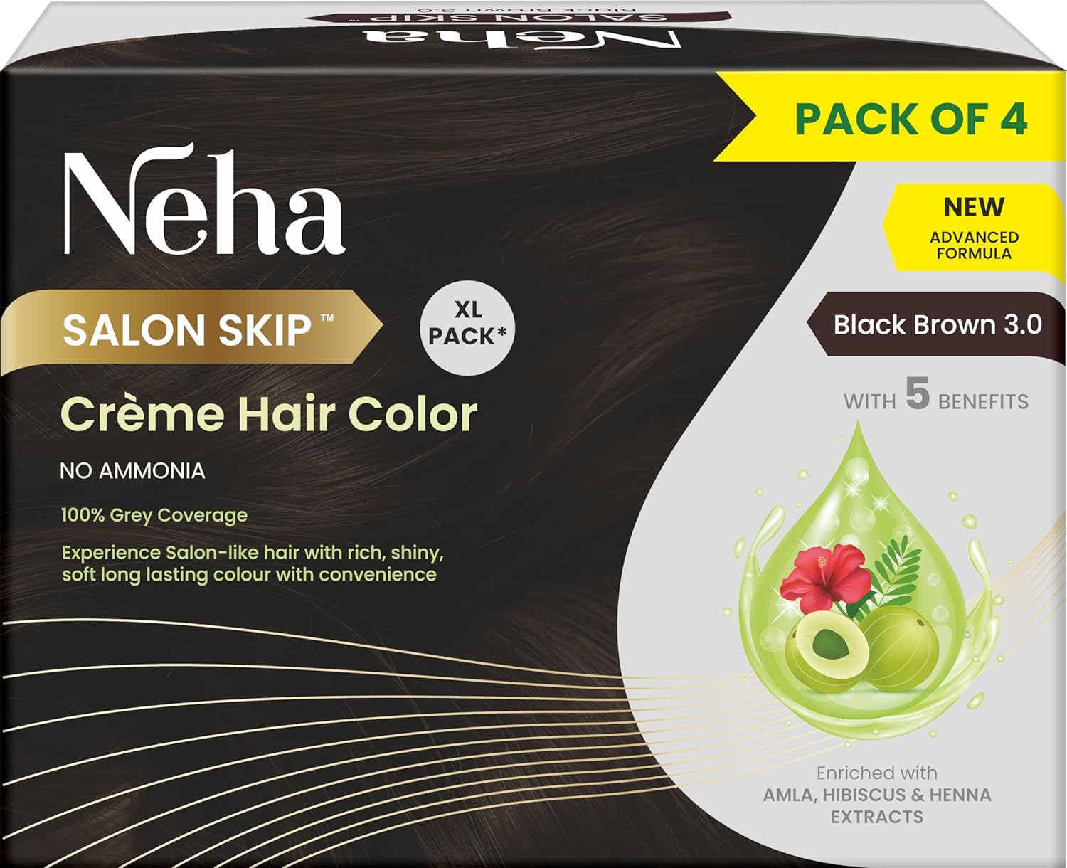Neha Salon Skip Crème Hair Colour, Ammonia-Free Formula, Pack of 4 * 20g+20ml - Black Brown