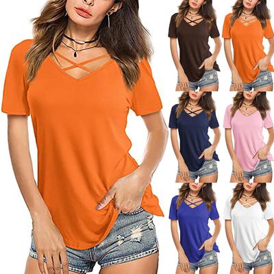 Women's Fashion Summer Solid Color T-shirt Crossed V-neck Short Sleeved Loose Top