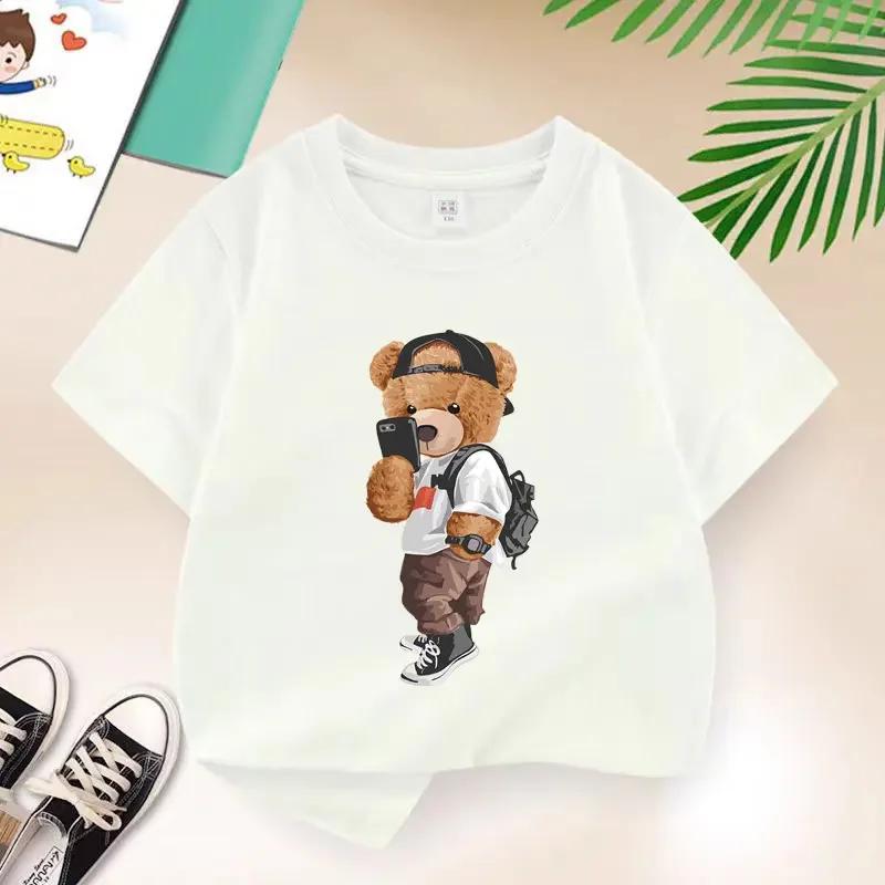 New 2026 Summer Fashion Childrens Cool Bear Cartoon Tshirt Boys T Shirt Boys Clothes Print Cotton T Shirts Kids Clothes 100