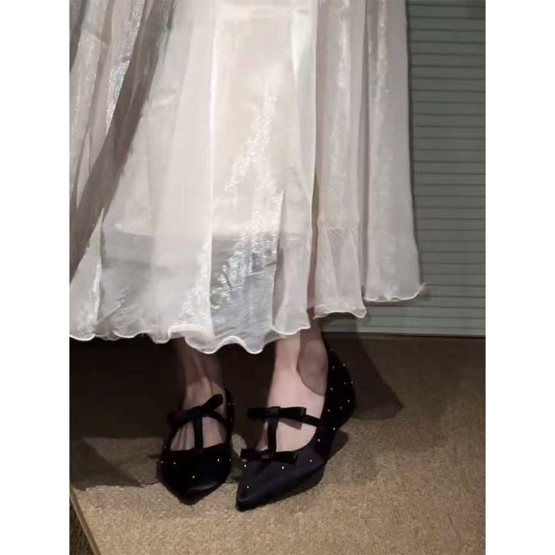 French Sweet Bow Pointed Rivets Heightening Single Shoes 2025 Spring New Niche Temperament Mary Jane Shoes Women