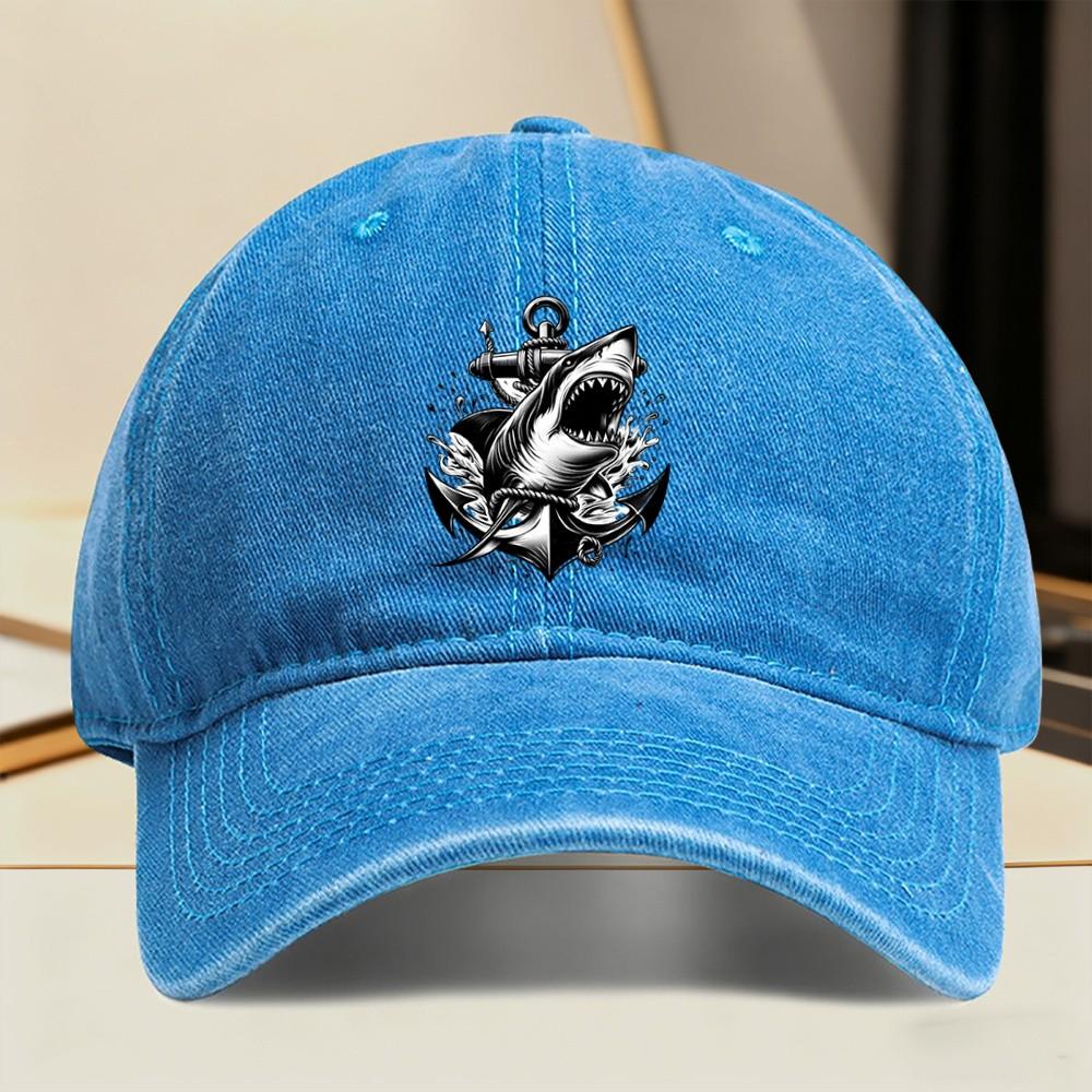 Shark Anchor Graphic Washed Baseball Cap Unisex Vintage Outdoor Streetwear Adjustable Hat