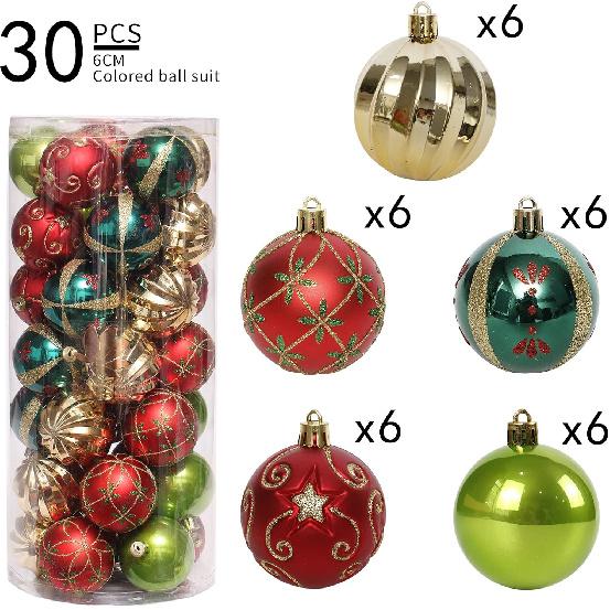 Christmas Tree Ornaments, 30ct Christmas Ball Decoration Set 2.36" Red Green and Gold Christmas Ball Shatterproof Hanging Tree Ornament Set