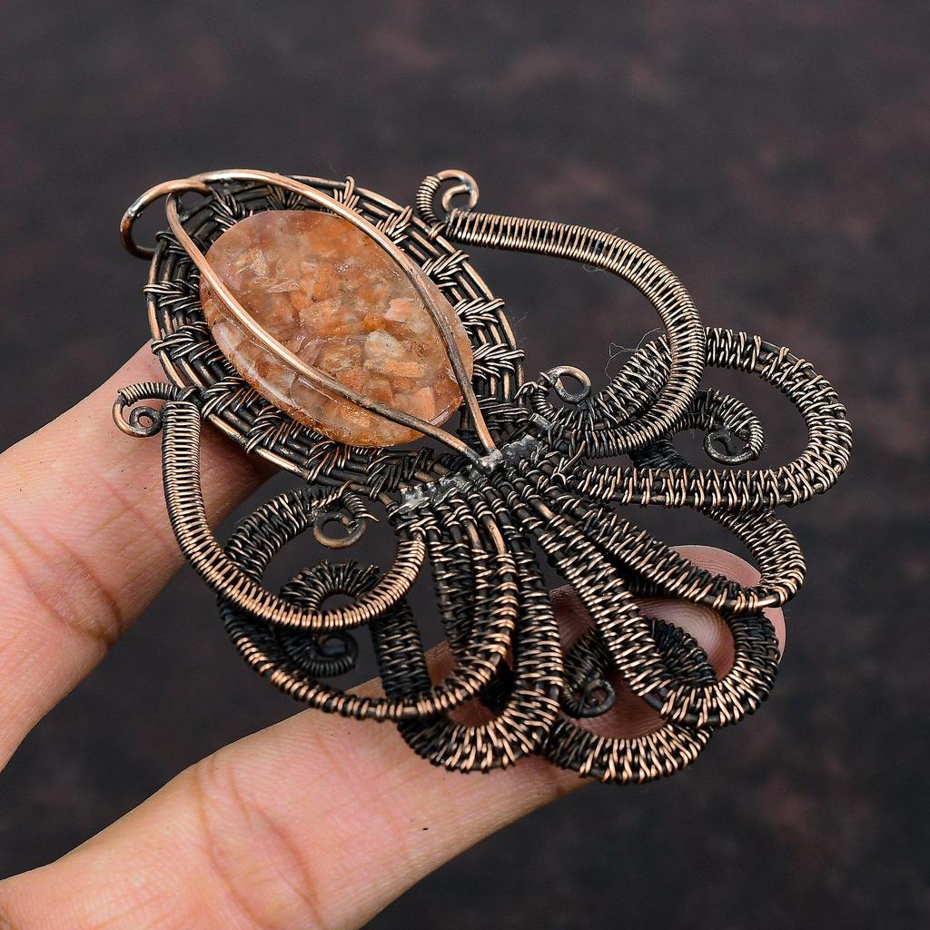 Sunstone Pendant Copper Wire Wrapped Pendant Natural Gemstone Jewelry Octopus Pendant Handmade Pendant Copper Wire Wrap Jewelry Gift For Her
