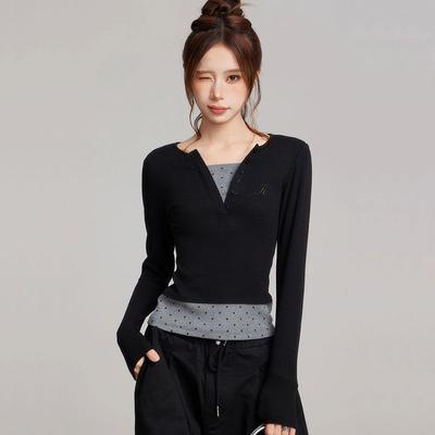 T-shirt à manches courtes en pur coton pour femme, coupe slim, style « pur désir », style « fille épicée », faux haut deux pièces