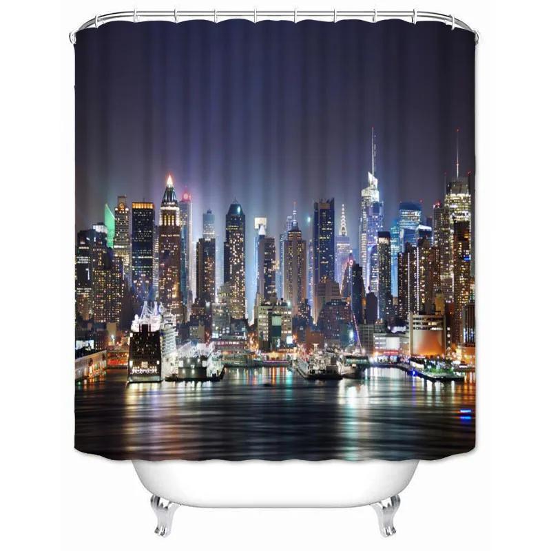 New York City Skyline Building Night View Shower Curtain Modern Bathroom Curtain Polyester Fabric Bath Curtain With Hooks