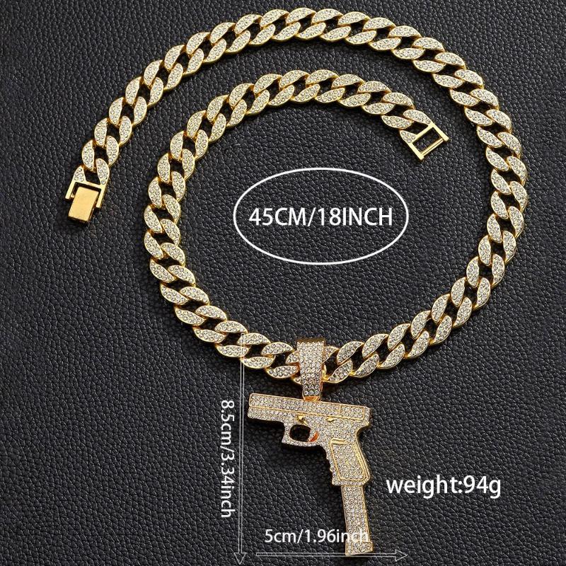 Full Diamond Pistol Alloy Pendant Trend Hip Hop Cross-Border Necklace Men's Cuban Necklace