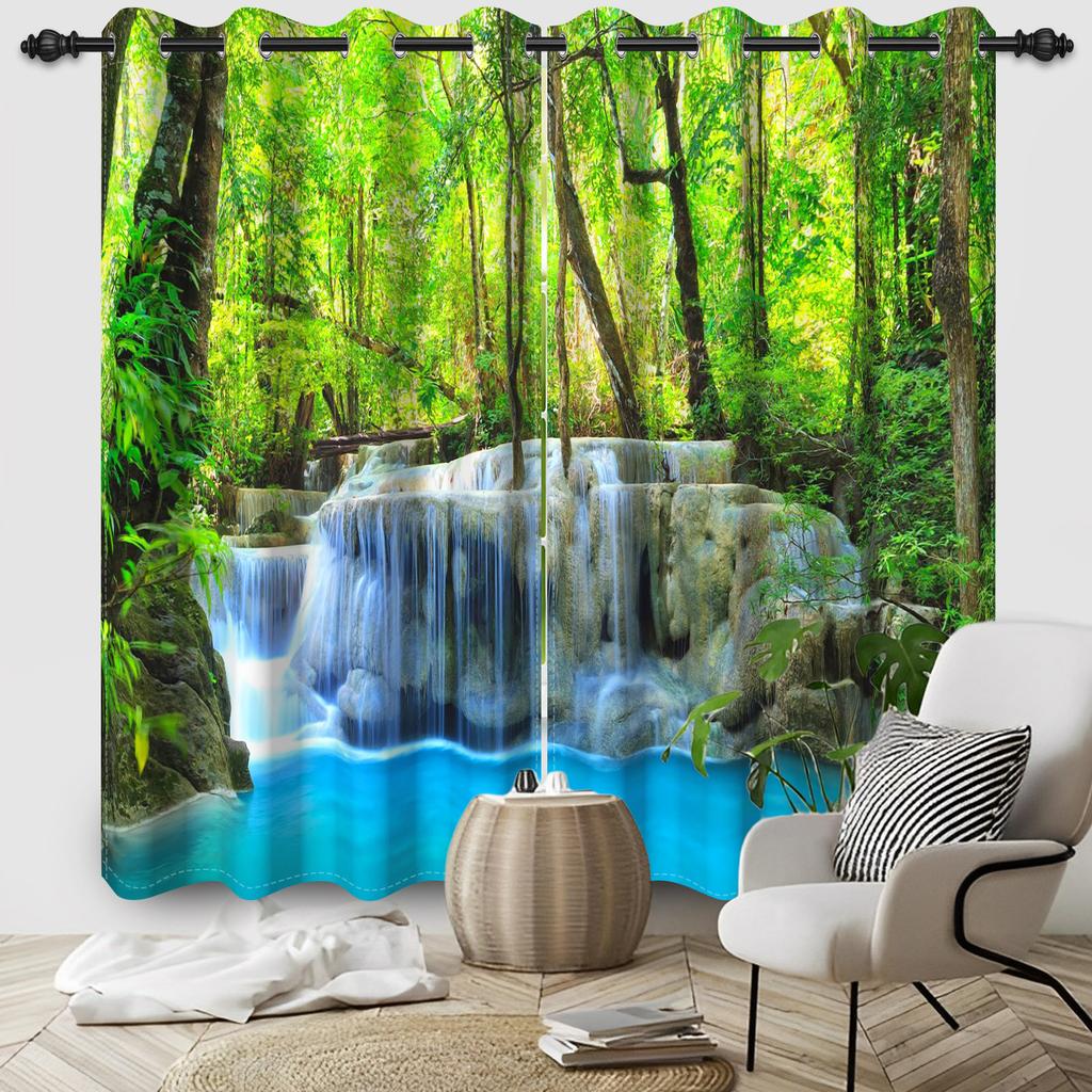 2pcs/set Blackout Curtains Sunny Forest Natural Green Space Landscape Polyester Window Bedroom Kitchen Home Interior Curtains