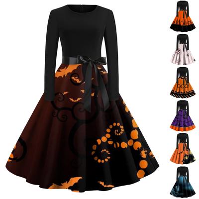 Women's Vintage Classic Dress Neck Waist Bow Tie Long Sleeves Halloween Print V Neck Swing Dress