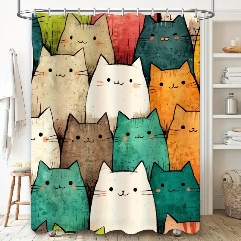Adorable Cat Shower Curtain Multi-Colored Cartoon Cats Bathing Room Decor Waterproof Fabric 3D Printing Shower Curtains For Home