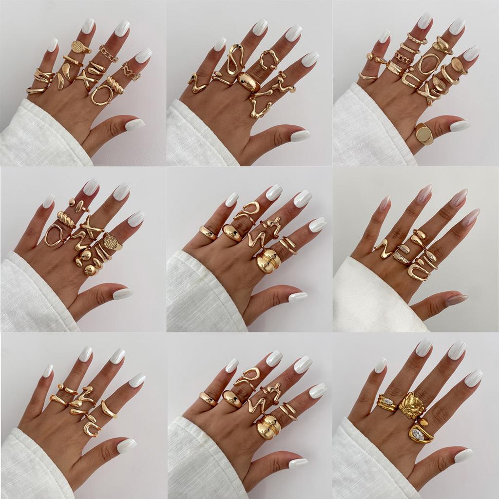 Vintage Gold Color Geometric Rings Trendy Finger Jewelry Hollow Out Adjustable Ring Set for Women Men Retro Boho Fashion Party Gift