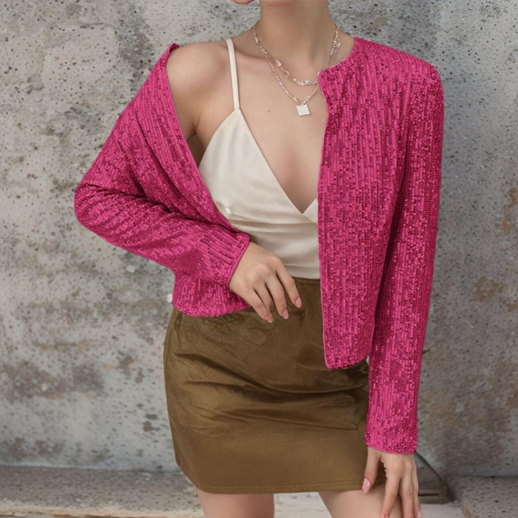 2025 Spring Women's Sequin Cardigan: Versatile Casual Solid Color, Round Neck, Long Sleeve