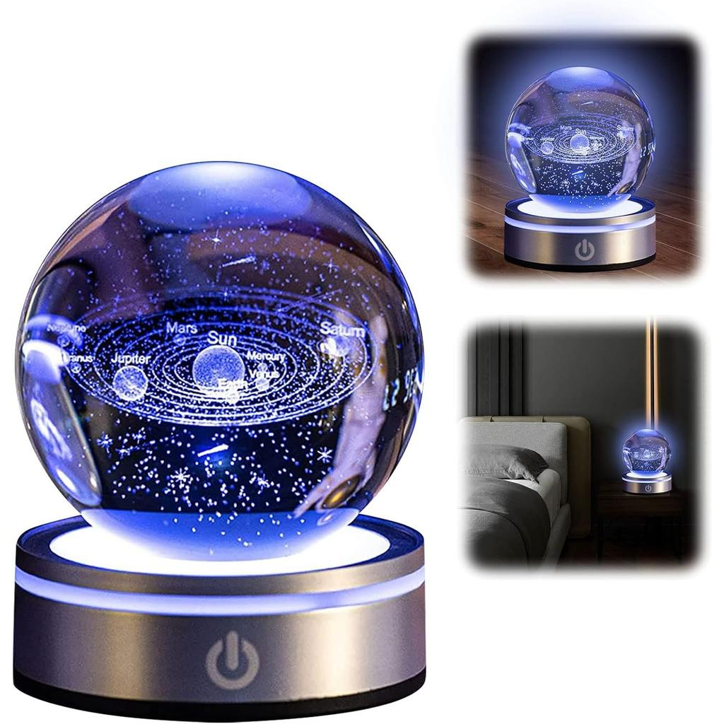 3D Solar System Crystal Ball,Crystal Ball Night Light with LED Base,Dimmable 3.15 inch Planet Model Nightlight for Home Decoration for Kids Husband