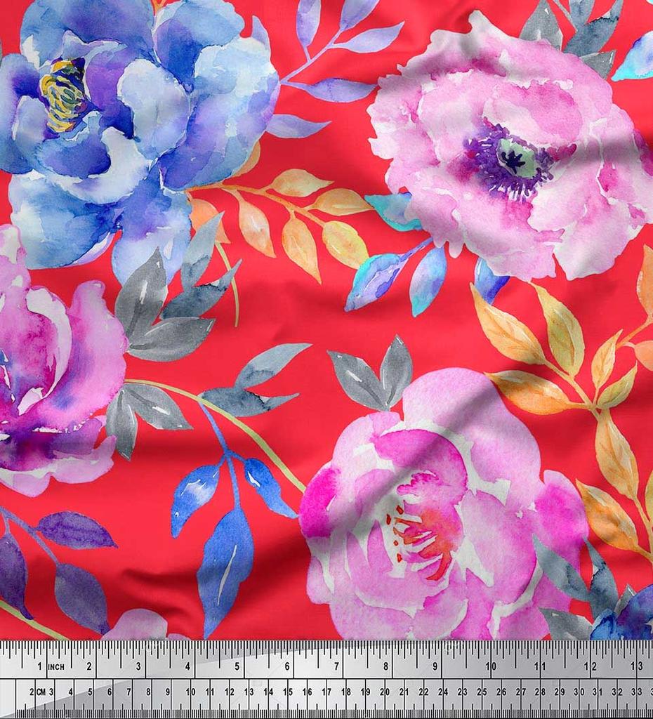 Soimoi Japan Crepe Satin Fabric Leaves & Peony Flower Print Fabric by the Metre 42 Inch