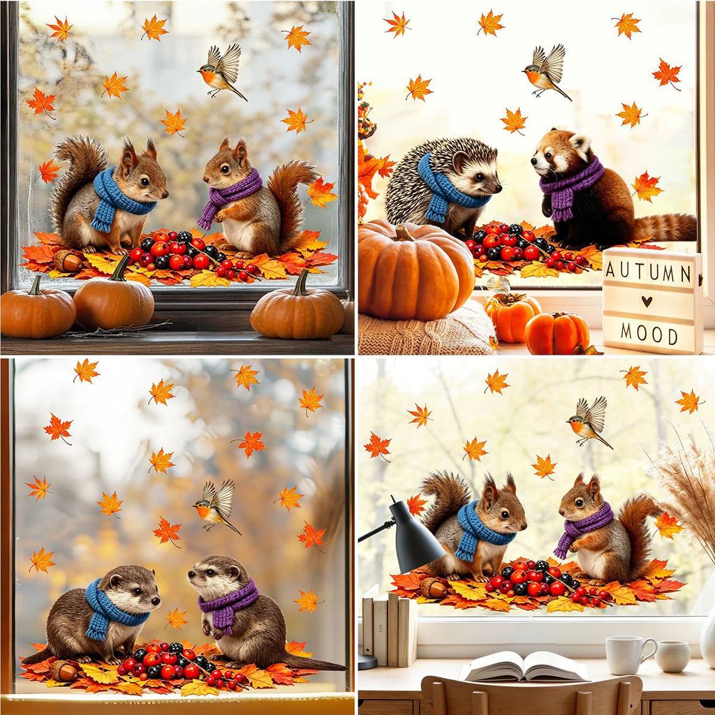 Autumn-themed Animal Window Stickers Featuring Otters, Squirrels, Hedgehogs and Red Pandas for Children's Room