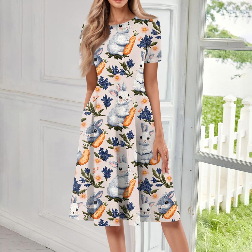 Robe mi-longue imprimée à manches courtes et col rond pour femme, ample, décontractée et tendance