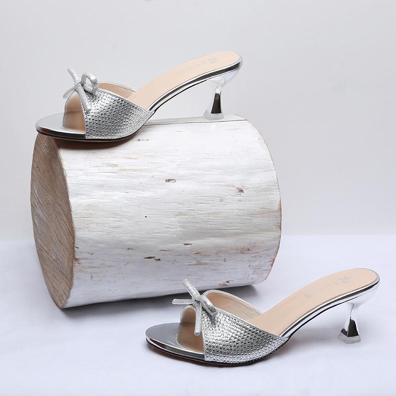 Fashion Bow Crystal Mid Heels Women Slippers Designer Luxury Woman Shoes Fashion Flip Flops 2025 New Summer Dress Party Sandalias Mujer