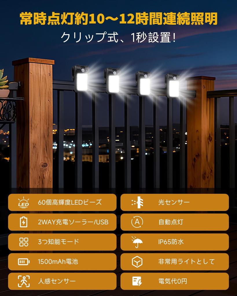 Solar-Powered Outdoor Clip-On Light, USB Rechargeable, Sensor Light, 60 LEDs, 3 Intelligent Modes, Motion Sensor, IP65 Waterproof, Solar Powered,