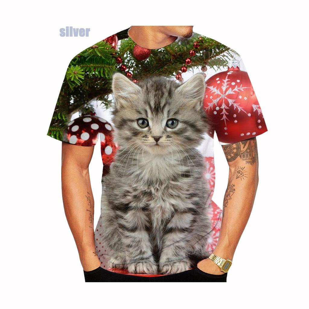 Nueva Moda Camiseta Navideña Estampada en 3D Popular Unisex Camisetas Árbol de Navidad Muñeco de Nieve Gato Estampado Manga Corta