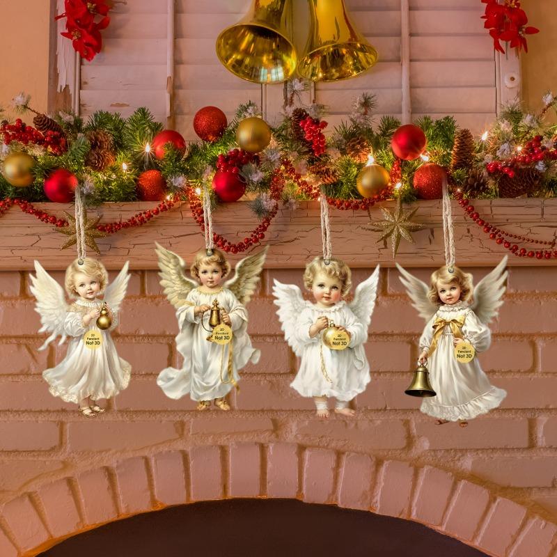 Vintage Angel Wooden Christmas Ornaments Flat 2D Hanging Pendants Little Angel Decor for Xmas Tree New Year Party Decor Supplies