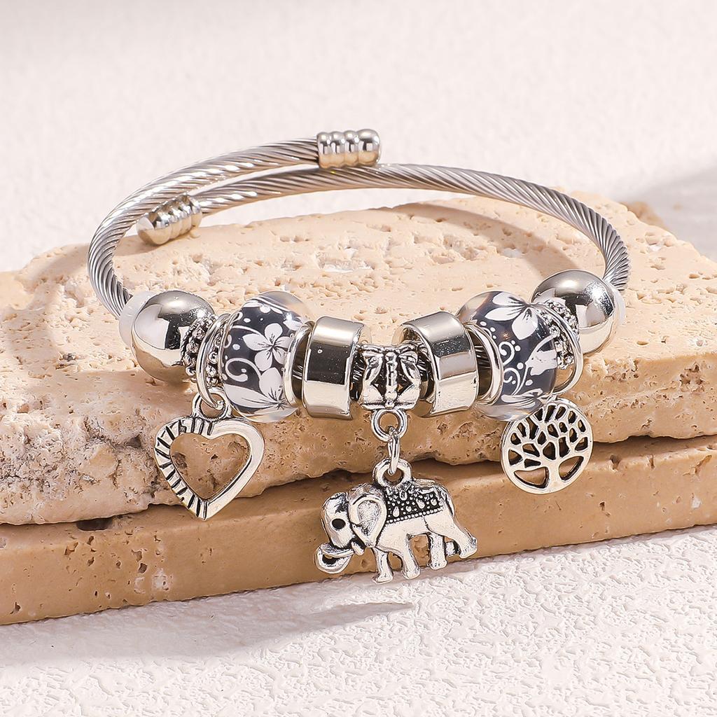Women All Match Crystal Elephant Love Heart Tree Beads Bracelet Cuff