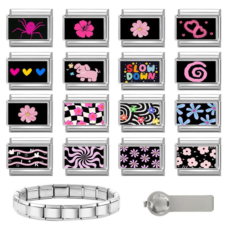 Schönes schwarzes Druckdesign Hase Katze Hund Blumen Herz Y2K Italienischer Charms Glieder Passend für 9mm Edelstahlarmband DIY Herstellung