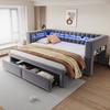 Sofá Cama Estofado 90/180 × 190 cm, Com Cama Extraível e Gavetas, Compartimentos de Arrumação, Iluminação LED, Portas USB e Tipo-C, Tecido de Veludo Cinza Escuro