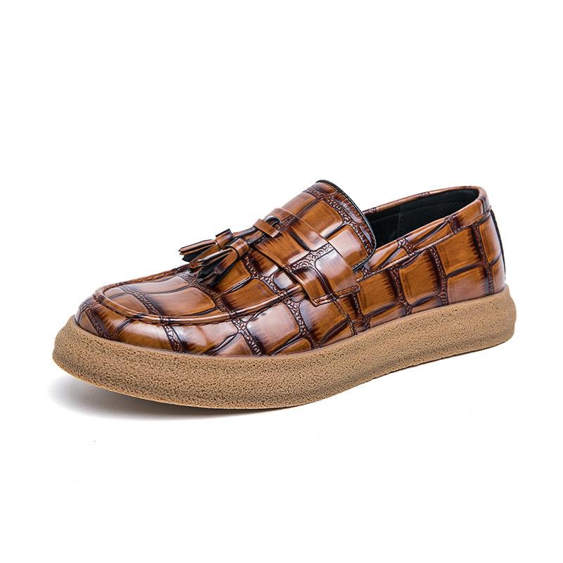 

2025 new fashion fringed loafers men s crocodile pattern cracked British and Korean casual shoes leathershoes 38 жёлтый