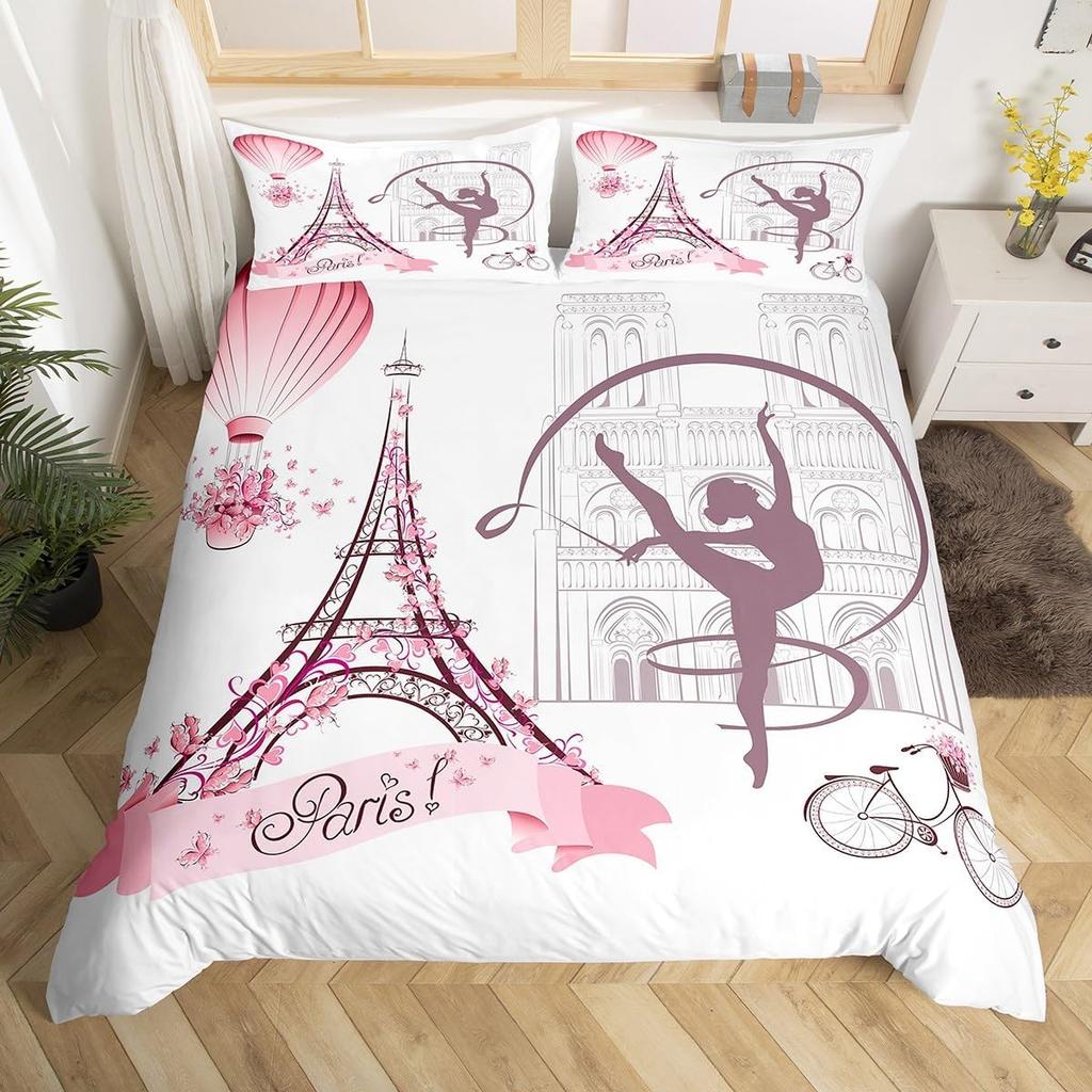 Eiffel Tower Bedding Set Twin Queen Pink Cherry Blossom Duvet Cover Romantic Theme Butterfly Print Comforter Cover for Girl Boys