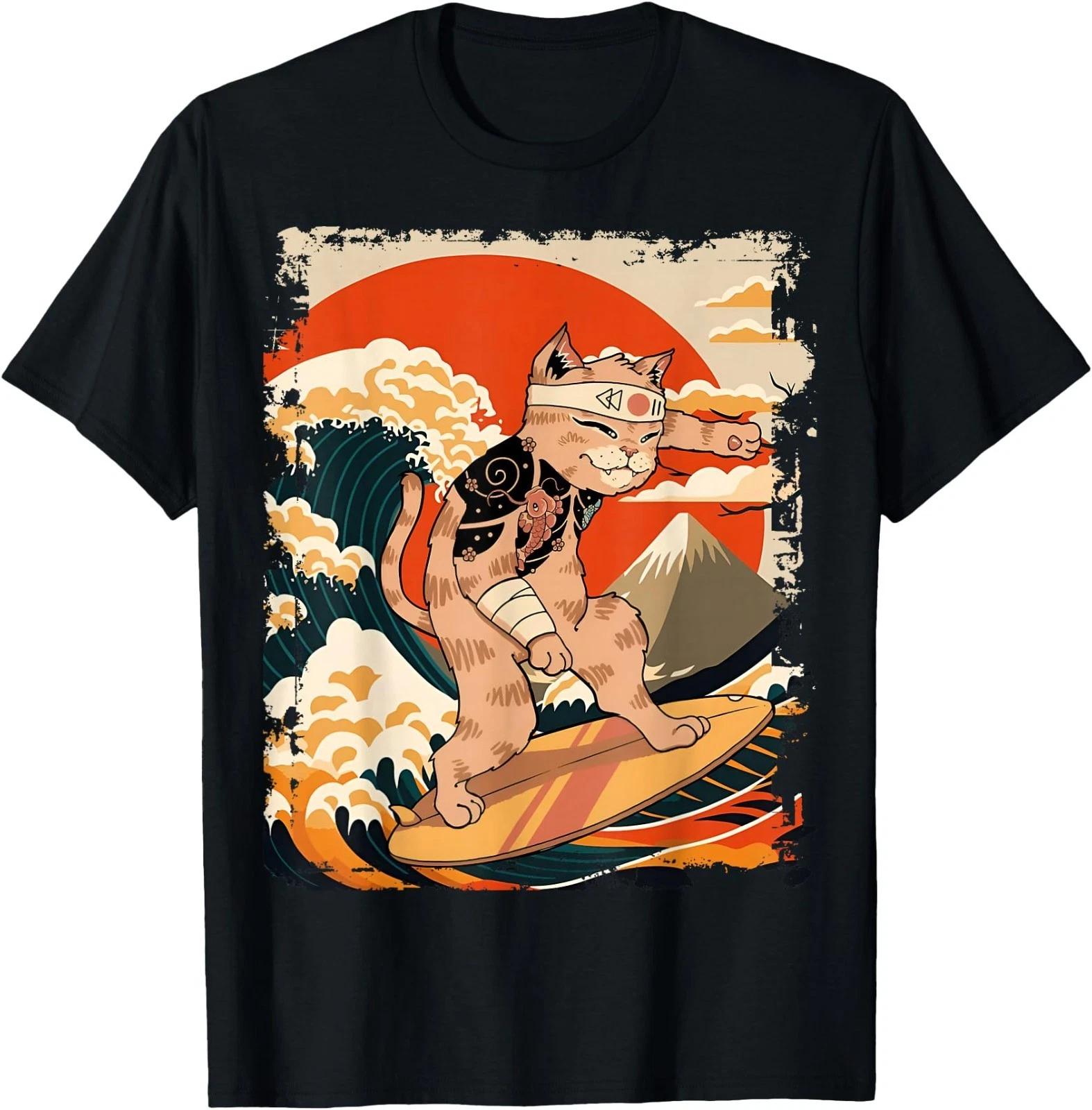Japanese Ninja Art and Japan Surfing Cat T-Shirt M