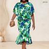 Women Plus Size Two Piece Set Round Neck Batwing Short Sleeve Tropical Leaf Printed Ruffle Hem Top Fishtail Skirt