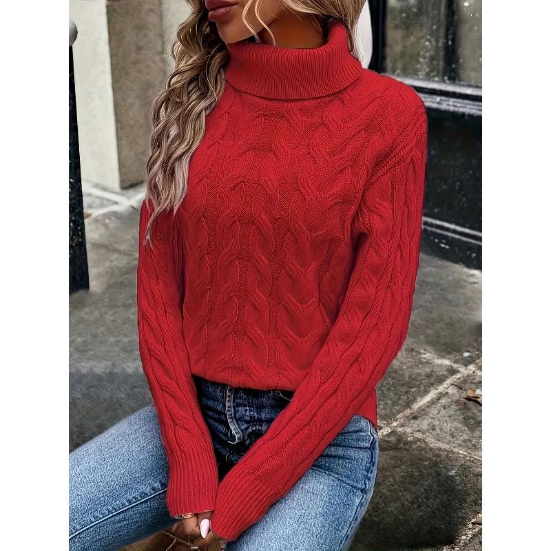 VEZFAA Women's Fashion Casual Fall Winter Solid Color Print Long Sleeve High Neck Sweaters