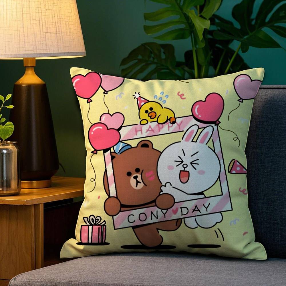 B-Brown Bear and C-Cony Pillow Case Plush Fabric Soft Double Sided Print Sofa Cushion Cover Throw Pillow Covers