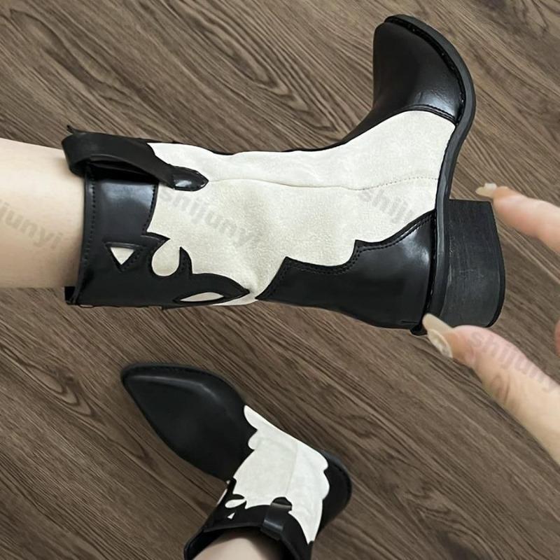 Fashion Women Western Cowgirl Boots Fashion Slip on Pointed Toe Shoes 2025 Autumn Winter New Vintage Thick Heel Ladies Short Booties