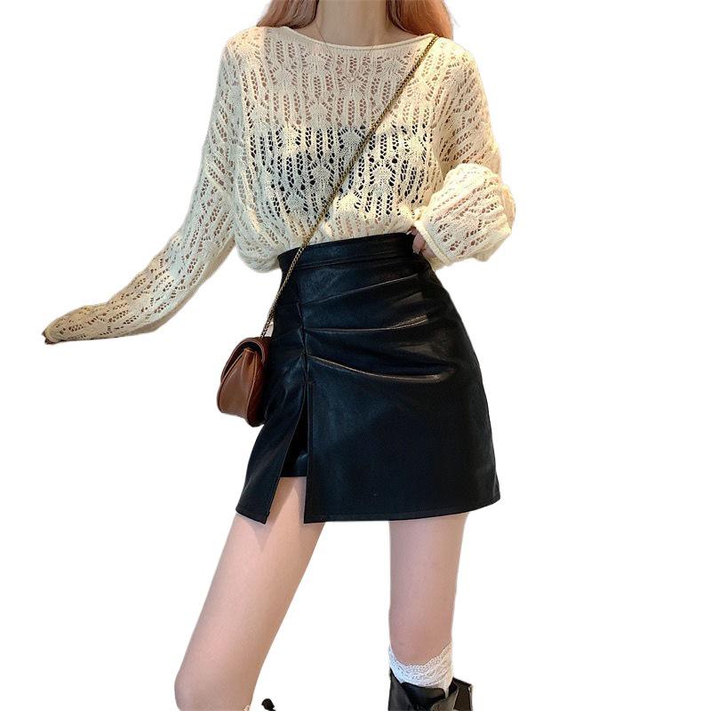 Women's High Waist Slit Pleated PU Mini Skirt - Slimming A-Line, Anti-Exposure, Hip-Hugging