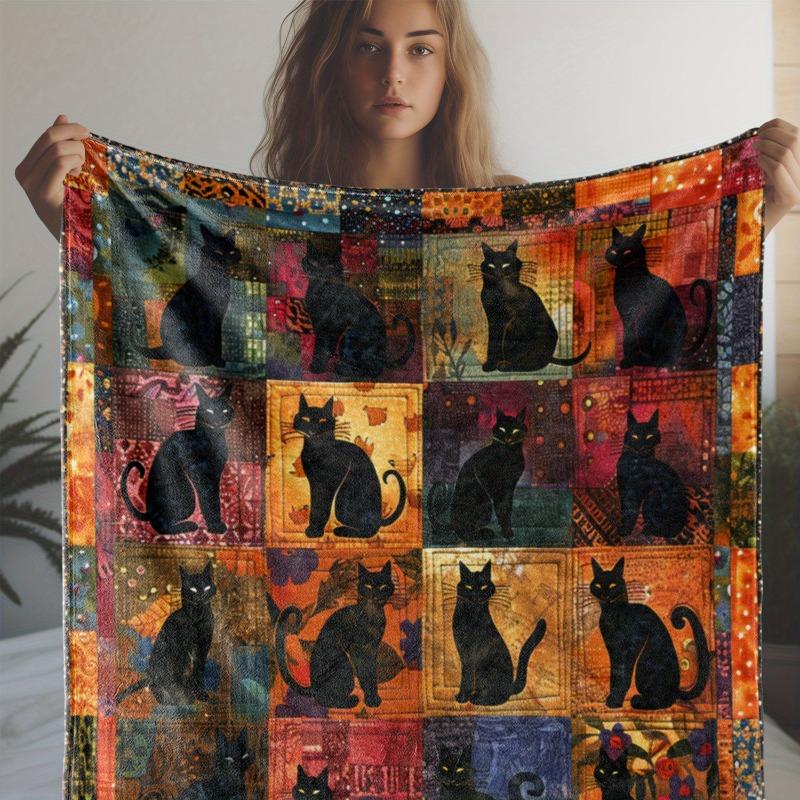 Vintage Style Black Cat Print Flannel Throw Blanket PolComfort for Sofa Bed Car Office Camping Travel Soft Warm Gift Blanket