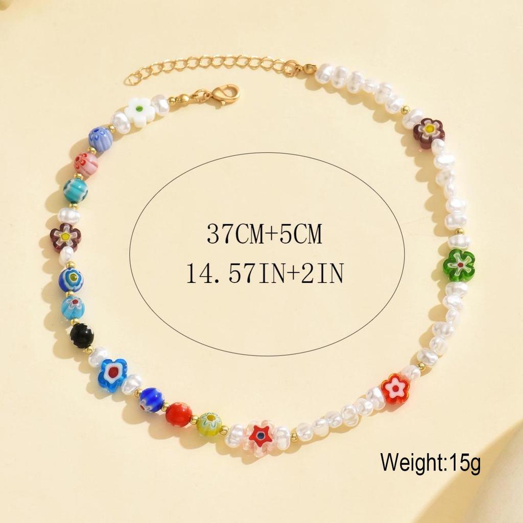 European & American Colorful Beaded Glass Flower Necklace - Trendy & Versatile Clavicle Chain for Women.