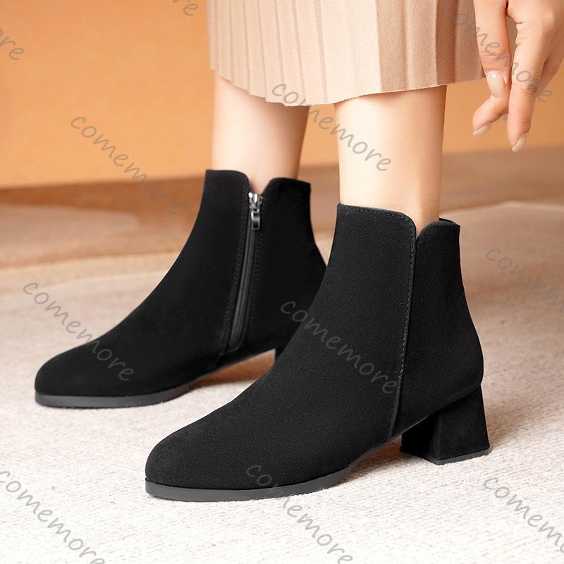 Comemore Autumn and Winter New Pointed Suede Side Zipper Ankle Boots for Women Casual Thick Middle Heel Female Botines