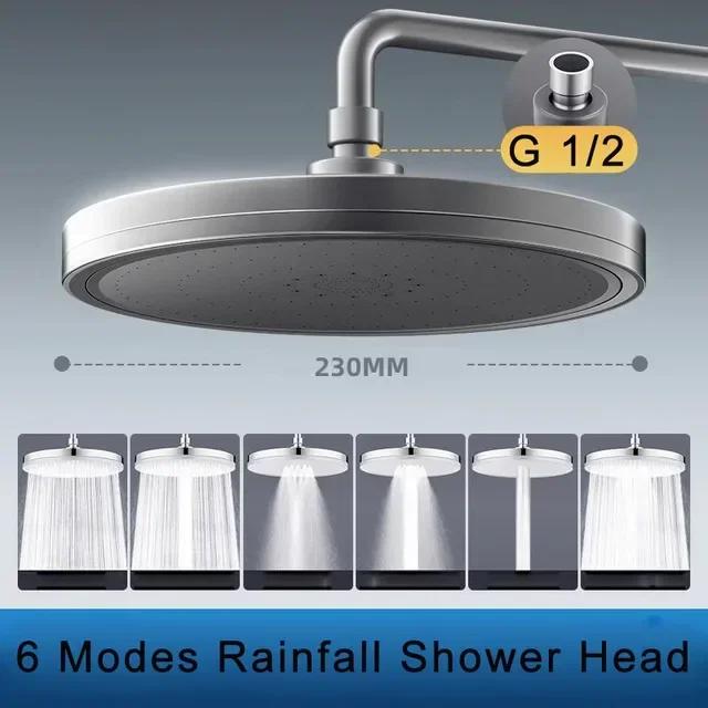 

New 6 Modes Rainfall Shower Head Bathroom High Pressure Top Rain Showerheads 360° Rotation Top Spray Shower Faucet Accessories 9 inch