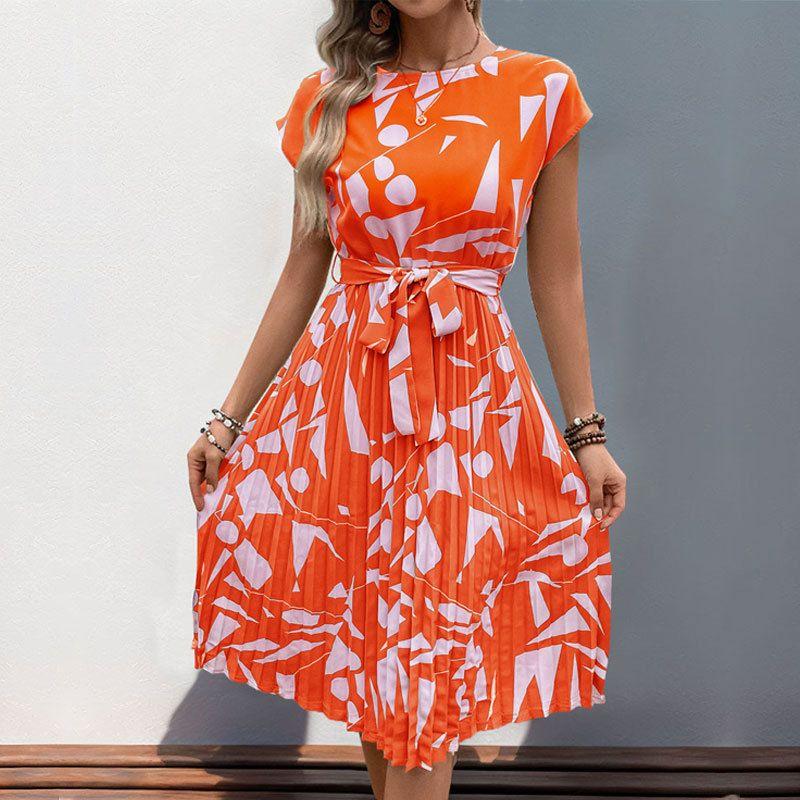 Printed round Neck Lace up Casual Dress Print round Neck Tied Dress