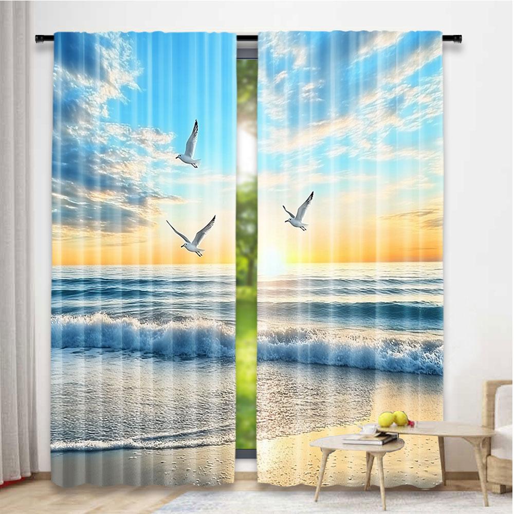 2Pcs Birds Flying By The Sea Pattern Curtains Suitable For Bedroom Kitchen Dining Room Living Room Study Office Bathroom