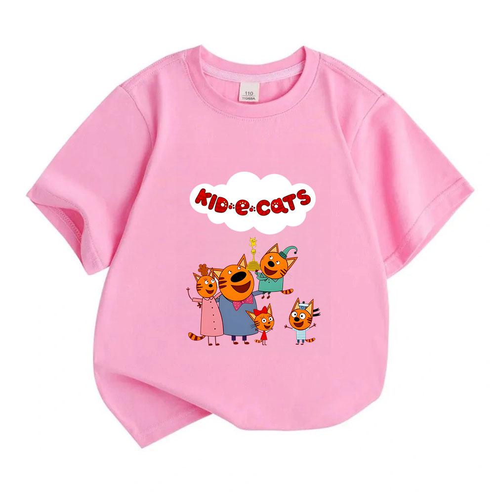 Kids Boys Girls 100% Cotton Crew Neck Short Sleeve T-Shirt, Cute Orange Cat Family Kidecats Pattern Casual Breathable Soft Tee Top for Daily Play Scho