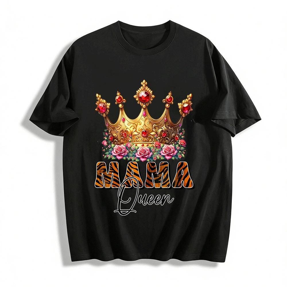 

Vintage Diamond Crown Rose Tiger Stripe Mama Queen Print Top Pure cotton T-shirt 6XL