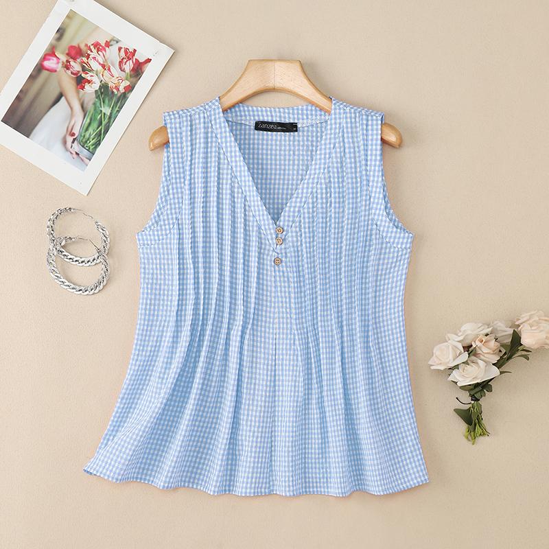 

ZANZEA Женские повседневные летние майки без рукавов с V-образным вырезом и клетчатым принтом 5XL синий